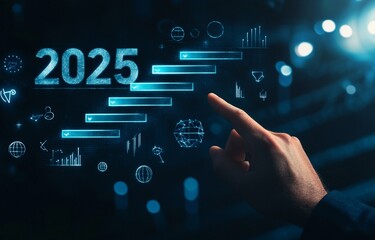 Fototapeta premium Businessman hand touching numbers 2025 and planning their business to advance in coming year