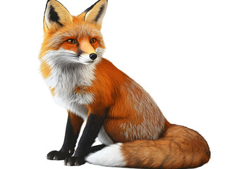 Highly detailed, photorealistic red fox sitting gracefully on a white background