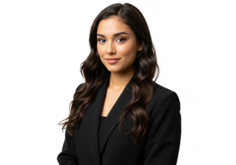 A confident woman in a chic black blazer isolated on White background