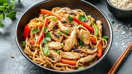 Chicken rice noodle bowl with vegetables nuts sesame seeds