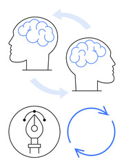 Two heads with brain connections, pen tool tip, and circular arrows. Ideal for creativity, ideas, innovation, collaboration, design thinking brainstorming knowledge sharing. Flat simple metaphor