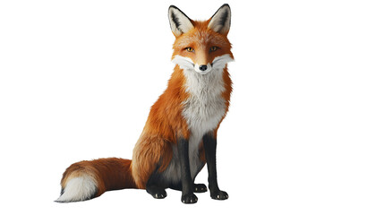 Highly detailed, photorealistic red fox sitting gracefully on a white background