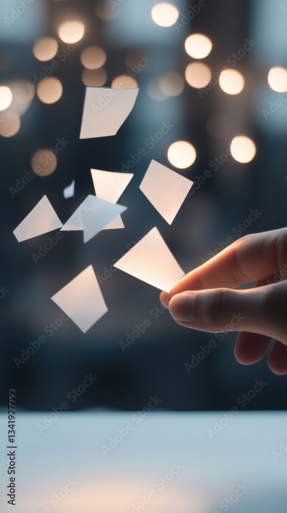 Poster Minimalist Digital Transformation Ethereal Paper Fragments and Interactive Gesture Visualizing Fluid Information Management in Soft-Focus Tech Workspace