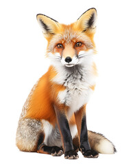 Highly detailed, photorealistic red fox sitting gracefully on a white background