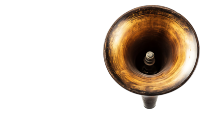 The image depicts an aged gramophone speaker with a worn texture, isolated against a stark black background.