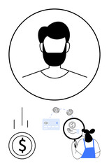 Persons head inside a circle, dollar sign, and female character managing financial transactions. Ideal for finance, banking, online payments, money transfers, budgeting fintech investment. Abstract