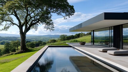 Fototapeta premium A modern minimalist house on a hilltop, large windows with breathtaking views of nature 