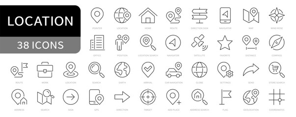 Location simple line icons set. Navigation icon set. GPS, map, pointer, compass, route editable stroke icon vector