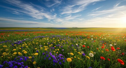 Fototapeta premium Vibrant Wildflower Meadow Under a Clear Blue Sky at Sunset