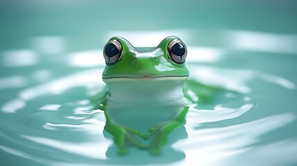 Green tree frog swimming in turquoise water.