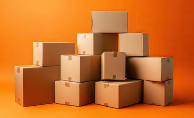 Obraz premium Stacked cardboard boxes on orange background (2)