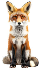 Highly detailed, photorealistic red fox sitting gracefully on a white background