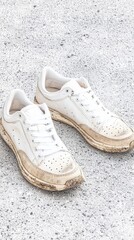 Naklejka premium Worn White Sneakers on Concrete Reflect Daily Use and Outdoor Adventures, Lifestyle Photography