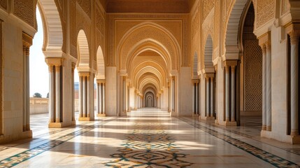 Obraz premium Moroccan Mosque Courtyard, Sunlight, Architecture, Tranquil Path