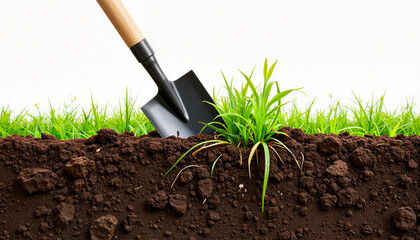 Spade cutting through dense weed roots in neat garden patch, battle with weeds