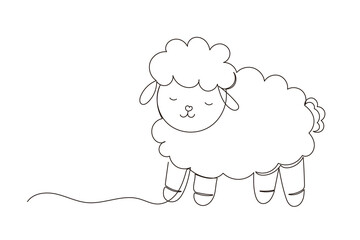 Line Art Sheep Doodle Symbol. Cute Baby Animal Hand Drawn Portrait. Lovely Mammal Adorable farm Lamb Pet  Mascot. Outline Sketch One Continuous Curve Decoration 