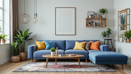 Modern Colorful Living Room with Bouclé Sofa and Stylish Decor. Generative Ai