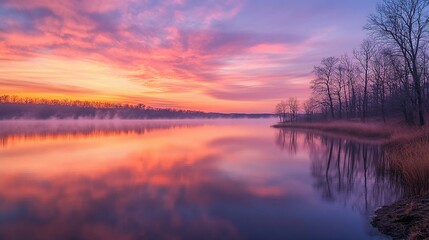Fototapeta premium Spectacular sunrise with vibrant colors reflecting on the tranquil lake