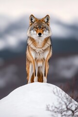 Fototapeta premium Coyote sits atop snowy hill, gazing forward with mountains blurred in background