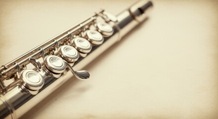 Fototapeta premium A silver flute with five keys is shown on a white background. The image has a vintage feel to it, with a sepia tone that gives it a nostalgic appearance. The flute is the main focus of the image