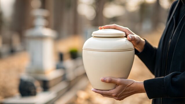 Holding an urn with a solemn expression in a cemetery setting  