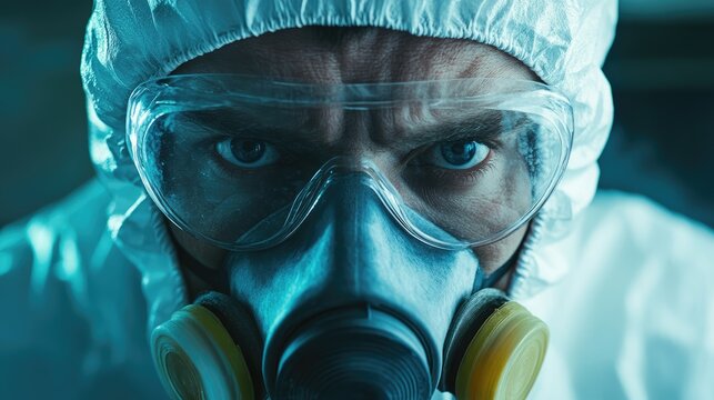 Close-up of a determined scientist in protective gear, focused on research in a high-tech laboratory setting