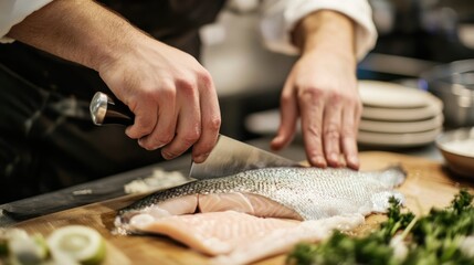 Expert chef skillfully filleting fresh fish with a sharp knife for gourmet cuisine