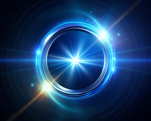 Abstract blue lens flare with ring design element. Abstract round blue  glowing background frame.