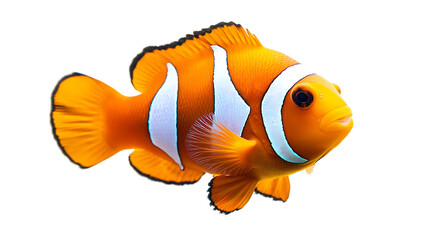 Naklejka premium A vibrant orange and white clownfish swims, isolated on a black background, showcasing its distinctive markings.