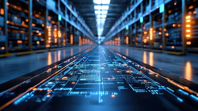 Smart warehouse system preventing overstock issues through predictive analytics, futuristic logistics