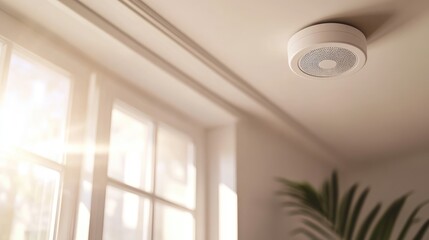 Modern smoke detector installed on ceiling in bright room with sunlight streaming through windows and greenery
