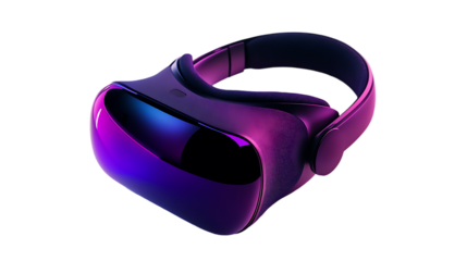 The image shows a VR headset with blue and purple lighting on a black background.