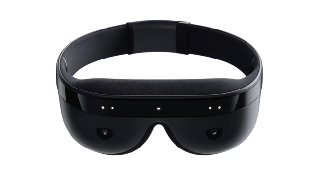 The image shows a black mixed reality headset with cameras, sensors, and a sleek design, presented on a black backdrop.