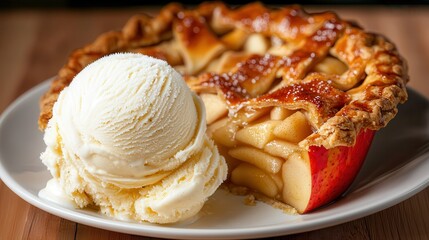 Vanilla ice cream apple pie dessert. Delicious apple pie with a scoop of ice cream on a plate.
