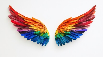 Obraz premium A pair of vibrant, rainbow-colored wings outstretched against a white background. Perfect for symbolizing freedom, diversity, or hope.
