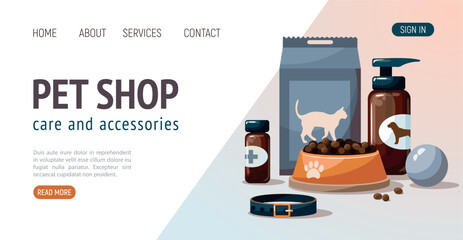Pet shop concept web banner template. Various pet accessories and tools on white background.