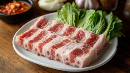 Koreanstyle bossam boiled pork ssamjang kimchi and garnishes