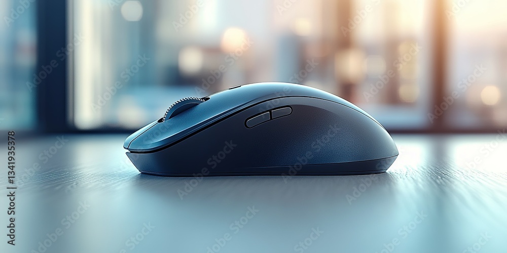 Poster high-quality computer mouse placed on a desk with natural light streaming in from the window in a mo