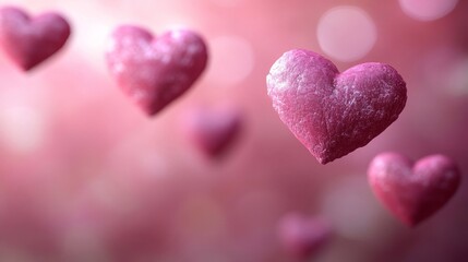 Obraz premium Pink Glittery Hearts Floating on Soft Blurred Background