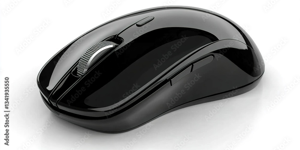 Poster black computer mouse on a white background showcasing sleek design and ergonomic features for comfor