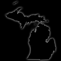 Black silhouette of Michigan state map with glow effect on dark background