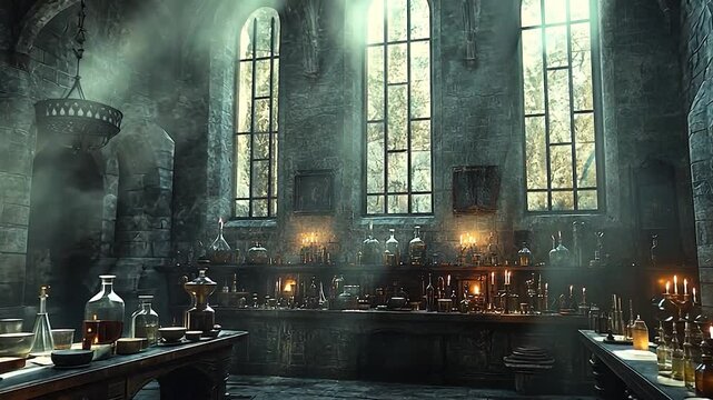 Mysterious alchemy lab filled with ancient potions and glowing candles
