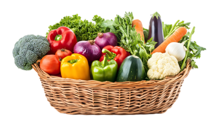 The image depicts a diverse assortment of fresh vegetables artfully arranged in a wicker basket, showcasing healthy eating.