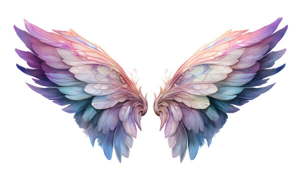 Fantasy colofrul fairy wings isolated on transparent background. Beautiful gentle angel wings for picture design