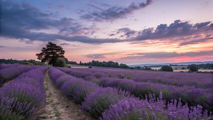 Obraz premium A beautiful lavender field at dusk, with a soft purple and pink sky blending into the horizon.