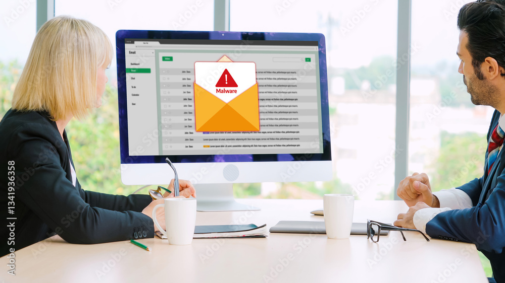 Poster cyber attacking concept. malware alert showing on computer screen display scam and threat detection 