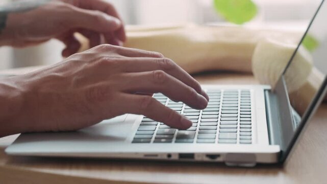 Close up shot of hands of anonymous man typing on wireless laptop and stroking albino snake at table