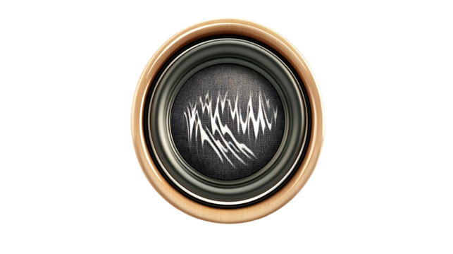 The image features a speaker with a wooden frame, black speaker cone, and a white sound wave design.