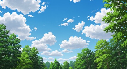 Obraz premium 爽やか青空と緑葉の美しいコントラスト 木漏れ日輝く夏の風景