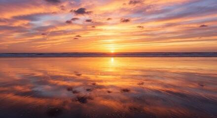 Fototapeta premium Vibrant sunset over tranquil beach with colorful reflections in water